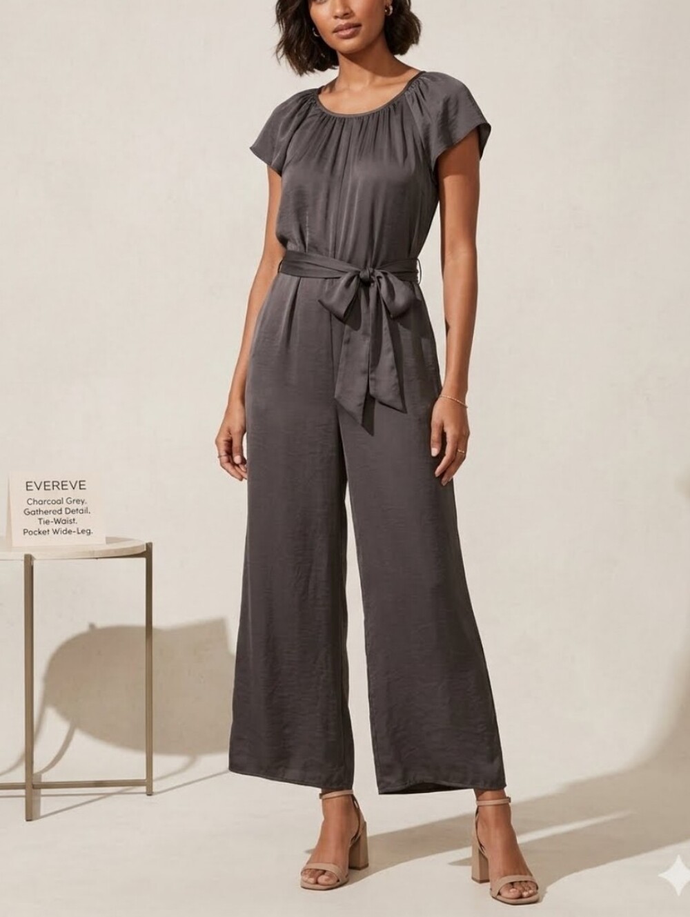 EVEREVE Jumpsuit Tie-waist charcoal Pocket  Wide-leg Boho, Modern Minimalist